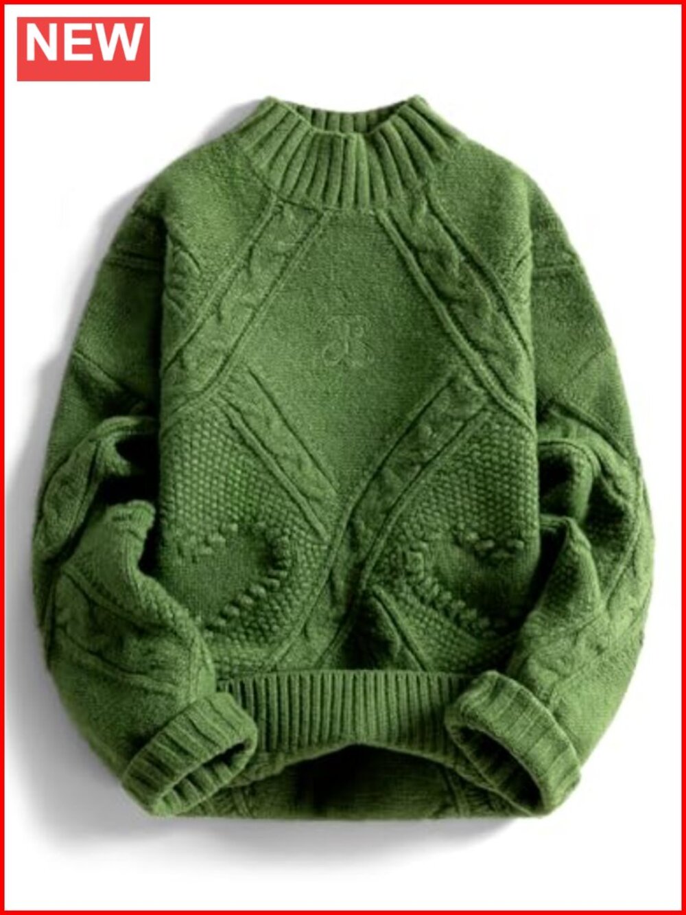 Oversized Cable Knit Chunky Sweater Mock Neck Long Sleeve Heart Pullover